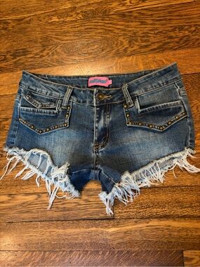 Edikted Denim Frayed Hemstudded Shorts